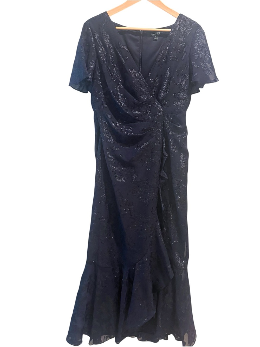 Lauren Ralph Lauren Maxi Evening Dress Navy Blue Floral Embroidered Metallic 10